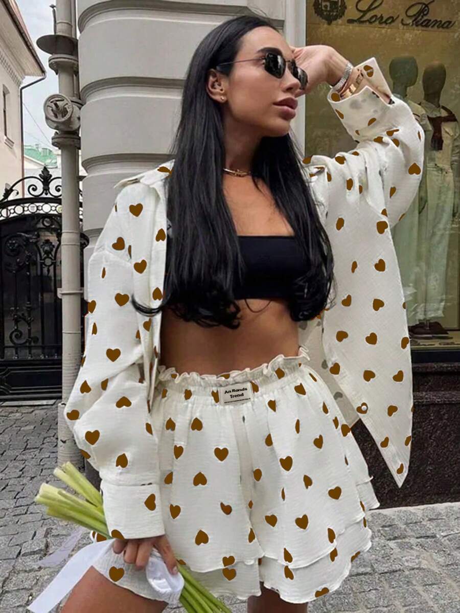 Women's Fashion Heart Print Casual 2 Pieces Set