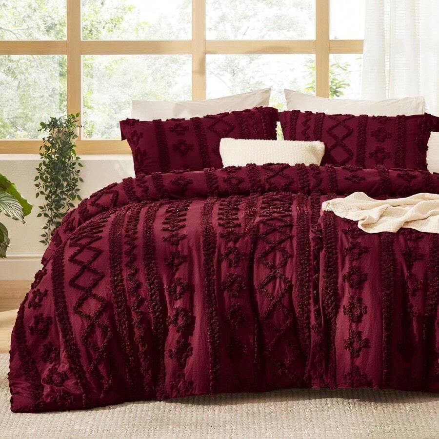 Bedsure Tufted Boho Comforter Set Queen Size - Beige Boho Bed Set, GentleSoft™ 3 Pieces Farmhouse Shabby Chic Embroidery Bedding, Gifts For Woman, Soft Jacquard Queen Comforter For All Seasons - 27 - Dark Red - Elegant - View 1