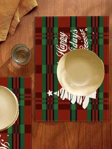 2pcs/4pcs/6pcs/8pcs Christmas Linen Placemats, Red Check Christmas Tree Pattern Placemats, 12*18 Inches Heat Resistant, Non-Slip And Washable, Suitable For Christmas Holiday Farmhouse Family Gatherings And Party Decoration Placemats