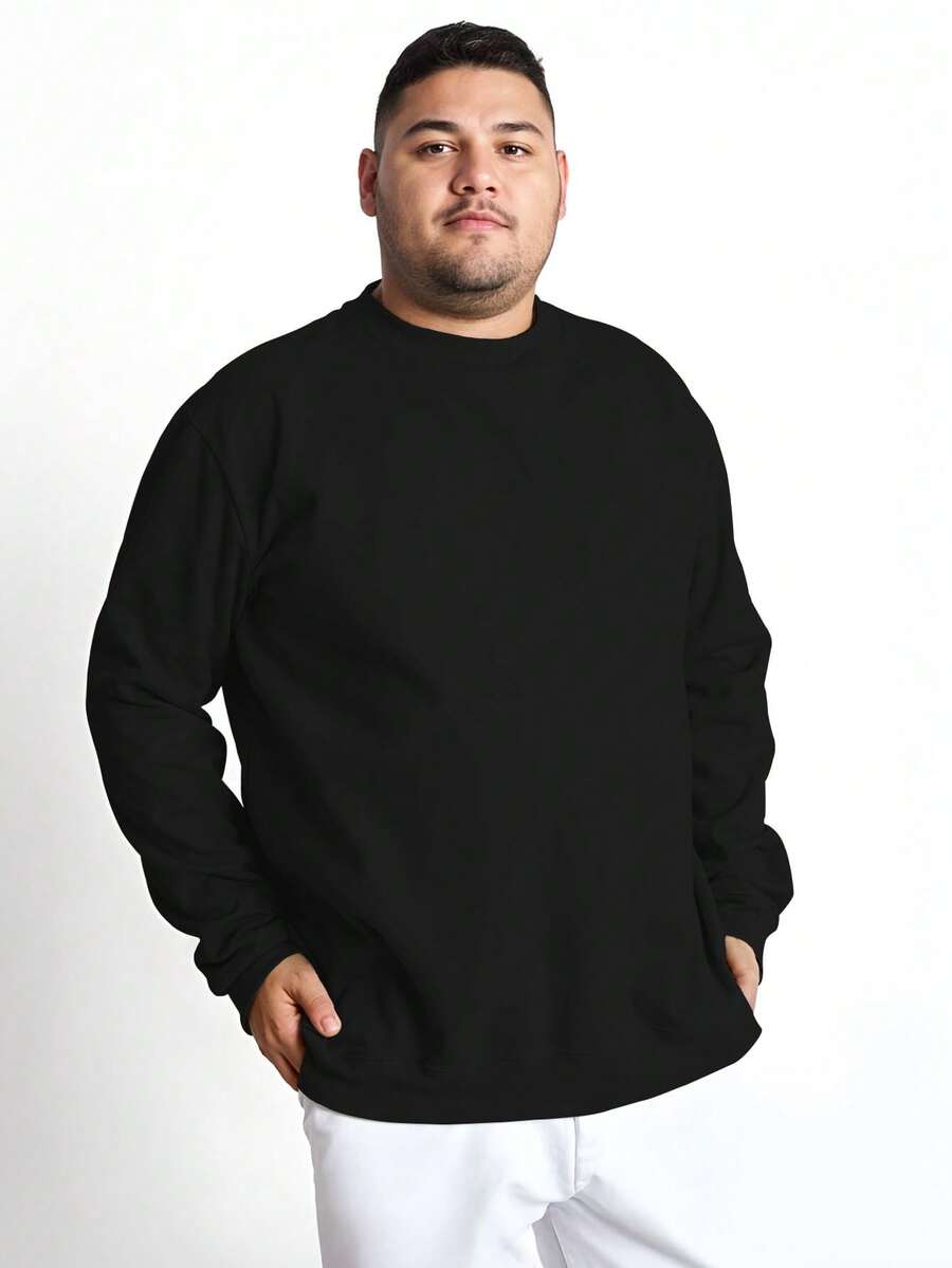 Men's Crew Neck Sweatshirt Plus Size Cotton Premium Mesh Cold Weather Blouse Basic Flannel Coat Comfortable - Black - View 1