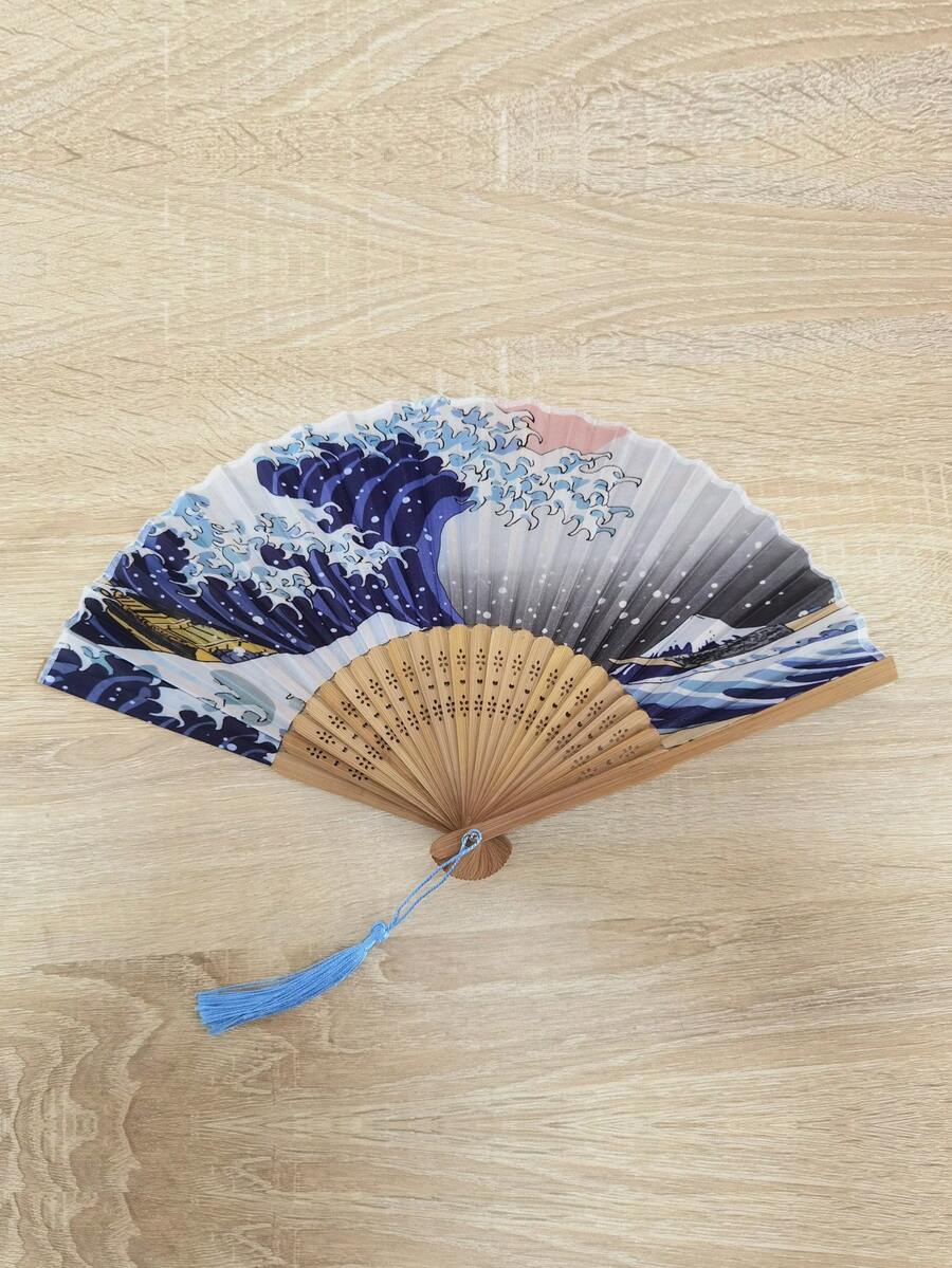 1件日式摺扇 手工裝飾性神奈川浪花摺扇 手持式復古女用手扇 便攜摺扇 竹絲扇 日式裝飾復古扇（隨機流蘇） - 藏蓝色 - 查看 1