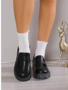 Zapatos de plataforma y cuña para mujer, puntera redonda, tallas grandes, modelo 2025 - Negro - Ver 2