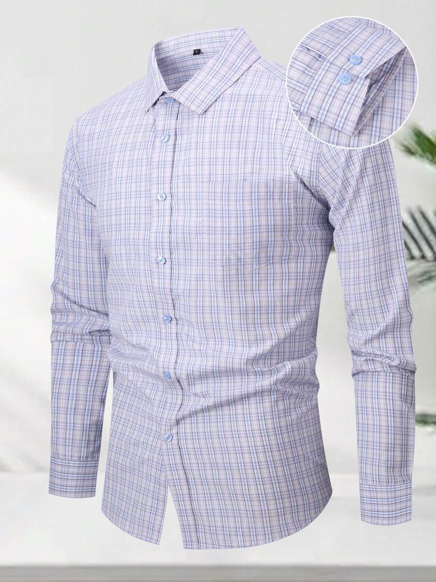 Luxury Wingtip Collar Dress Shirt For Groom, Stretch Comfort Fit, Wrinkle-Free & Breathable Fabric, Self-Tie Bow Tie, Black Tie Wedding & Gala Essentials - 淺灰藍格 - 查看 1