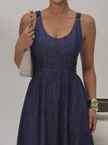 Women's Simple Casual Denim Dress With Ruched Pocket - 深色水洗藍 - 查看 3