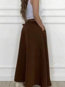 Women's Long Round Skirt Tailoring Evangelical Fashion Casual Basic Winter High Waist Elegant - 咖啡棕 - 查看 3