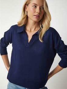 Suéter casual versátil feminino de cor sólida - Azul marinho - Ver 2