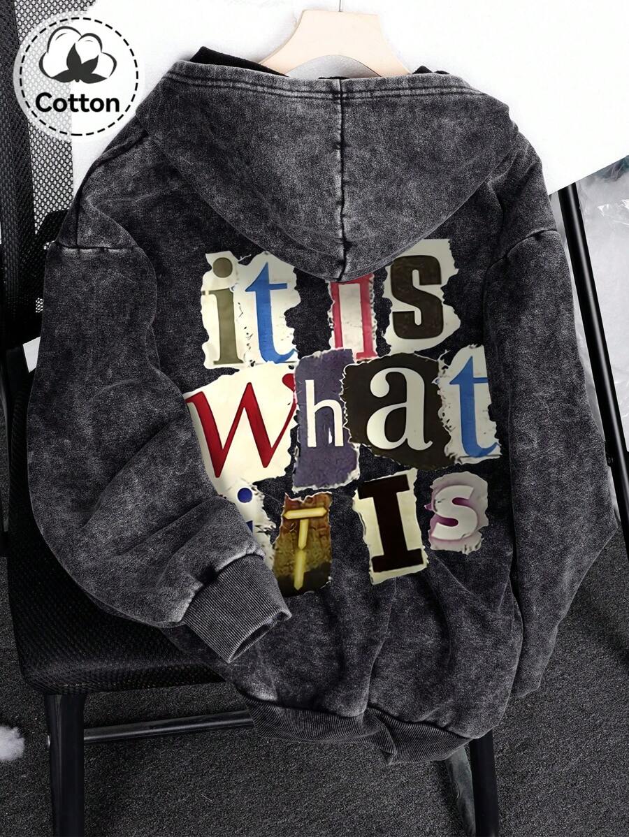 Autumn And Winter "It Is What It Is" Pattern Men's Hooded Sweatshirt Top, Slightly Elastic Fit Washed And Distressed Cotton Black Long-Sleeved Cardigan Zipper Sweatshirt, Outdoor Daily Casual Jacket