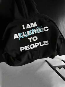 Zrgoth 男士休闲标语印花宽松袋鼠口袋连帽衫，秋冬款 - 黑色 - 查看 3