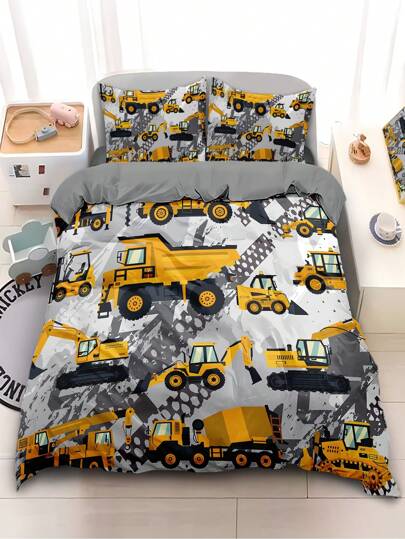 Conjunto de cama com estampa de máquinas de construção, 4 peças, sem enchimento, tema de escavadeira, para meninos, quarto de adolescentes, macio e confortável (1 capa de edredom + 2 fronhas + 1 lençol de cima, sem edredom e fronha)