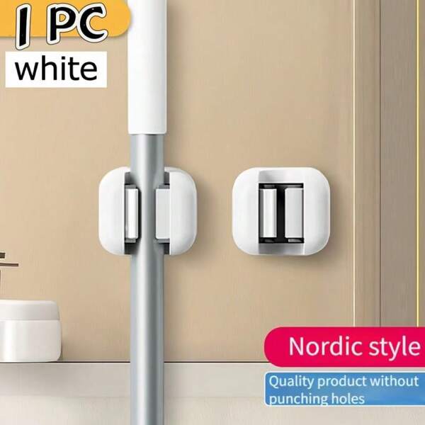 3 paquetes de soporte para escoba y trapeador montado en la pared, organizador de herramientas autoadhesivo, colgador de almacenamiento sin taladro para el hogar, la cocina y el baño - plástico blanco, clip para trapeador sin perforación, ventosa, estante para trapeador, gancho para colgar trapeador, gancho colgante, estante para escobas, diseño de arrastre, hebilla de almacenamiento de estantes