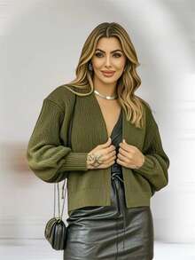 Women's Knitted Winter Coat With Puff Sleeves, Simple, Knitted - Army Green - View 2