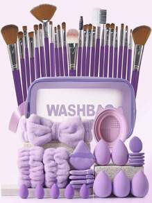 50pcs Makeup Brush Set, Mixed Makeup Beauty Tools, Including: 25pcs Makeup Brushes, 1pc Makeup Bag, 5pcs Beauty Eggs, 5pcs Powder Puffs, 5pcs Mini Beauty Eggs, 5pcs Mini Finger Powder Puffs, 1pc Headband, 2pcs Wristbands