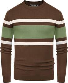 Mens Striped Pullover Sweater Crewneck Contrast Fine Knitted Sweaters - Coffee - 查看 8