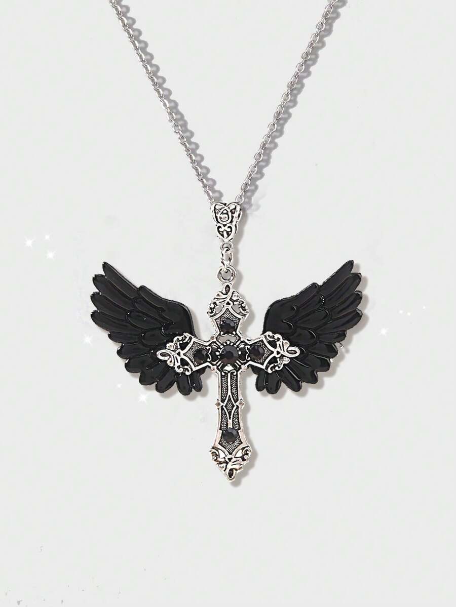 Dây chuyền thánh giá đính đá phong cách Gothic cổ điển mới ngọt ngào Y2K Baddie cánh thiên thần, Dây chuyền áo len Hip Hop dành cho nữ, Dây chuyền thánh giá tối giản - Bạc - Xem 1