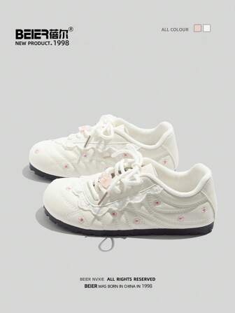 BEIER 1 双撞色学院风仿皮系带休闲平底女鞋，适合春秋季户外穿着，女式运动鞋