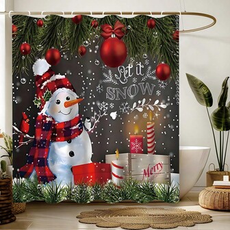 圣诞雪人浴帘，带挂钩的浴室窗帘淋浴套装，防水，涤纶面料，可机洗，绿色圣诞树，最佳礼物，浴室装饰，通用房间装饰，家居装饰，浴室配件，节日装饰，圣诞装饰