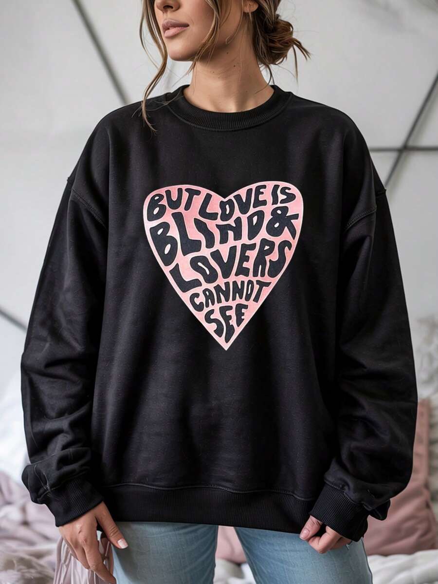 Ropa de otoño e invierno talla grande, sudadera de cuello redondo para mujer, suelta y casual, con estampado de corazón y letras, para uso diario