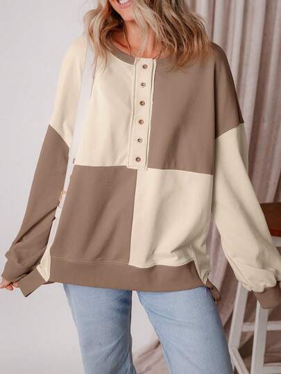 Cozy Women's Winter Elegant Knitted Fabric Oversized Sweatshirt With Long Sleeves And Round Neck Button Front Design For Fall