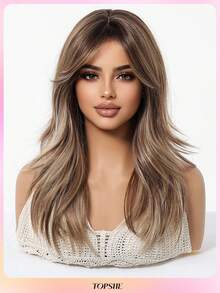 Großzügige und temperamentvolle 50 cm lange Perücke aus hitzebeständigem synthetischem Material in Leinenbraun mit Pony und lockiger Frisur, geeignet für Alltag, Partys und Reisen