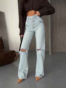 Jeans casuales de mujer con bolsillo y botones delanteros, para uso diario