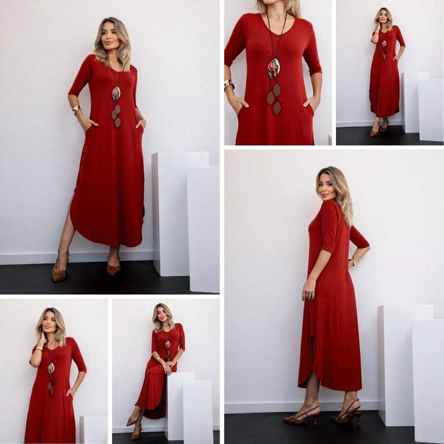 Long Dress 3/4 Sleeve Comfy Fashion With Pocket - 查看 1