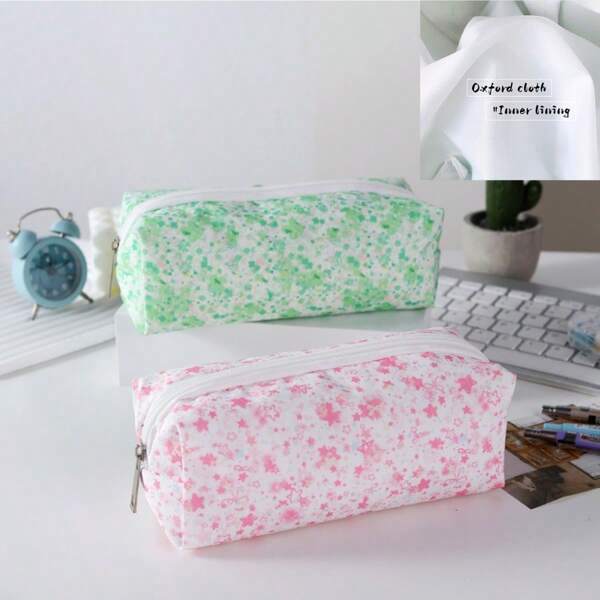1 pieza Estuche para lápices minimalista con patrón de flores verdes y estrellas, bolsa de maquillaje con forro reforzado, duradera