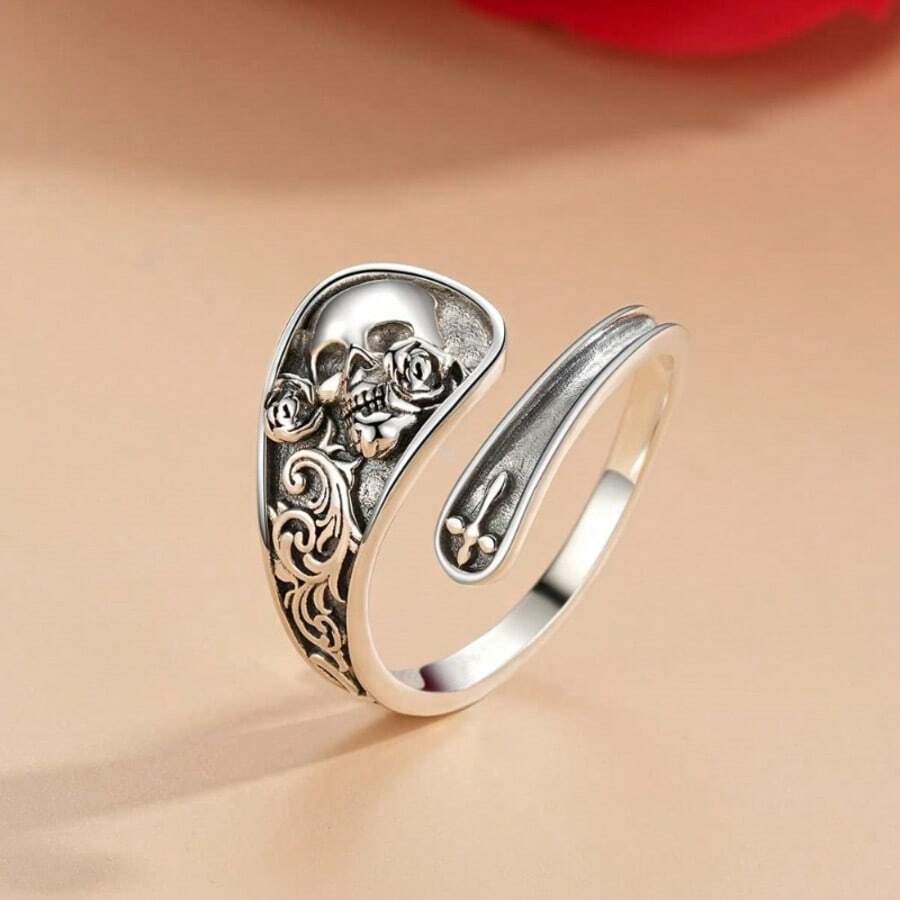 1 Pc  Retro Treble Human Skull Adjustable Ring - Silver - View 1