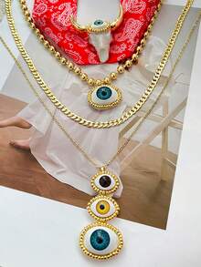 1Pc Western Cowboy Stylish Copper Beaded Eyes Cow Head Vegan Loop Chain Printed Scarf Necklace For Parties Music Festivals Out Hip Hop Enthusiasts Cowboy Lovers Wear, 18k Gold Plated Women's Gold Jewelry Halloween Gift(The Eye Pendant Is Secured With Foam Backing, And The Material Of The Eye Pendant Is Resin.) - Gold - View 3