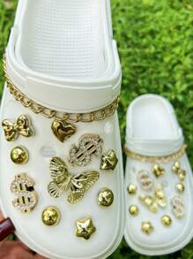 22 件 DIY 花园鞋配件，镀金 3D 蝴蝶水钻，金色铝链装饰，可拆卸装饰适用于镂空拖鞋/凉鞋，四季皆宜，节日礼物