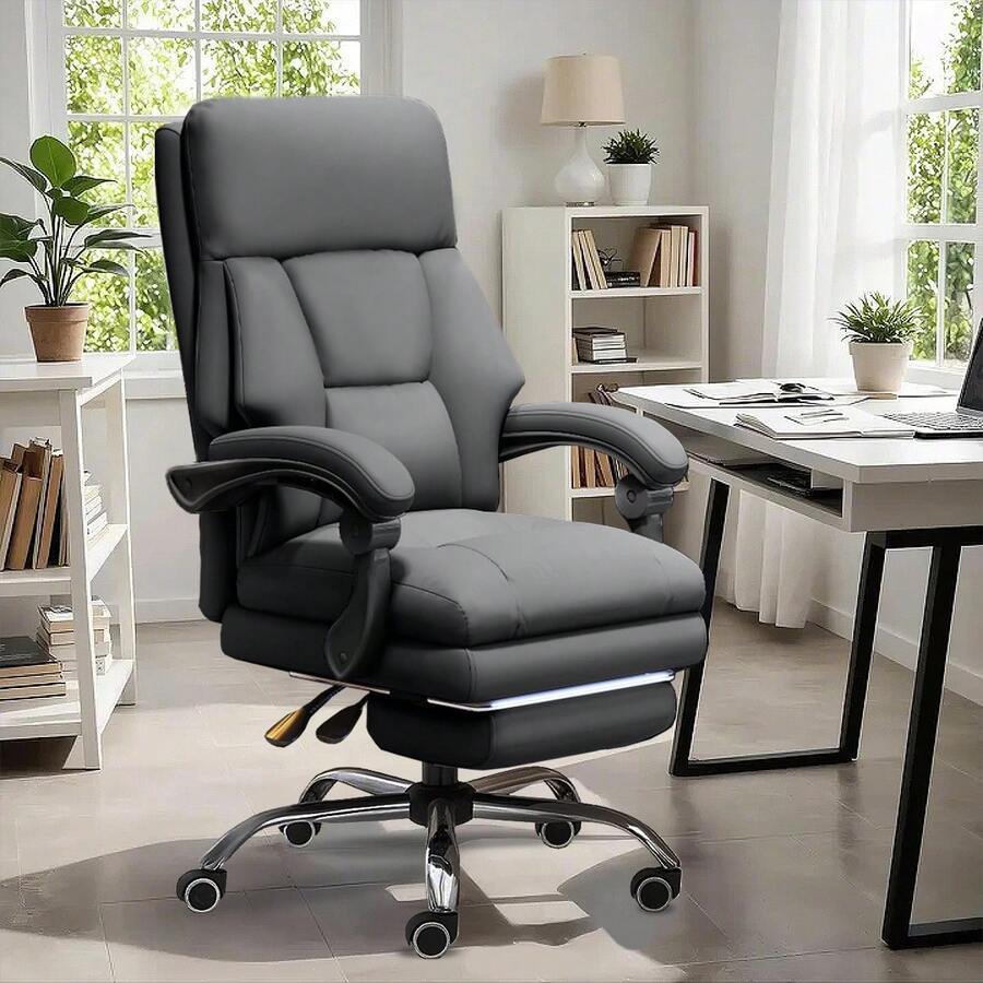 Office Chair Adjustable Height Executive Desk Chair With Foot Rest Comfy Computer Chair High Back Ergonomic Leather Office Chairs - Grey - View 1
