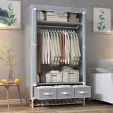 Portable Clothes Closet Rolling Door Wardrobe With Hanging Rack Non-Woven Fabric Storage Organizer With Three Drawer Boxes No-Tool Assembly - 67in*35.4in*17.7in(Gray) - Xám - Xem 3
