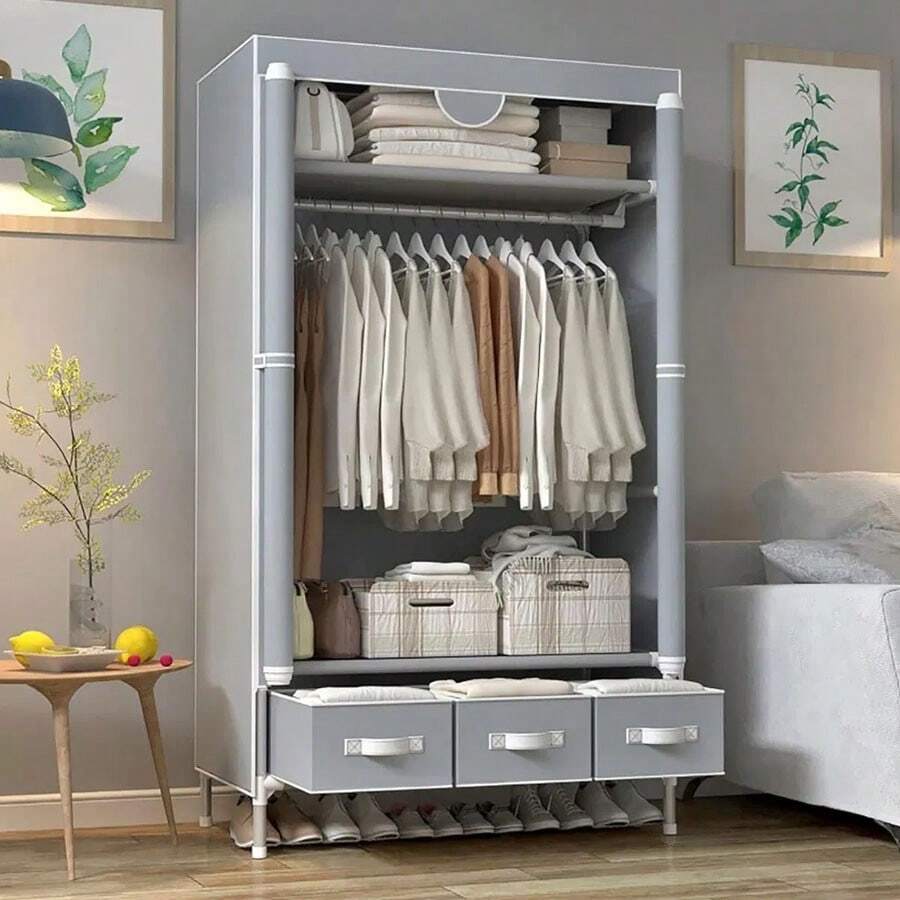 Portable Clothes Closet Rolling Door Wardrobe With Hanging Rack Non-Woven Fabric Storage Organizer With Three Drawer Boxes No-Tool Assembly - 67in*35.4in*17.7in(Gray) - Xám - Xem 1