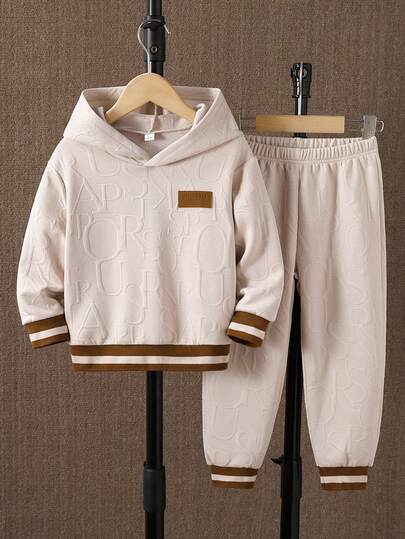 2 件年轻男孩休闲字母印花提花贴片长袖连帽运动衫和运动裤套装，适合休闲、运动、日常穿着、户外、学校，适合春秋季