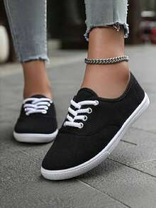 Giày vải buộc dây thoải mái dành cho nữ - Giày thể thao thường ngày mềm mại, thoáng khí, thích hợp cho đi bộ và chạy bộ. - Đen và trắng - Xem 3