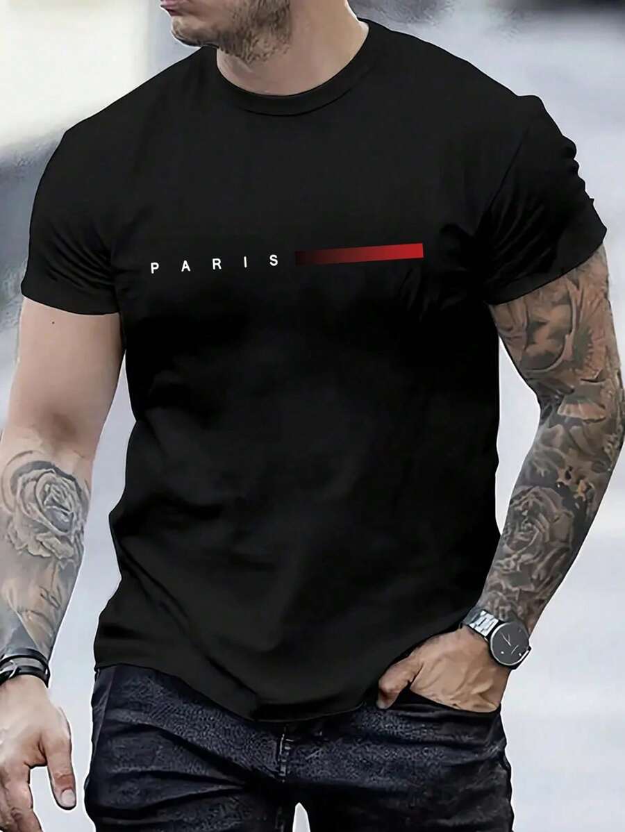 Camiseta casual de manga corta con cuello redondo y estampado de letras para hombre, verano - Negro - Ver 1
