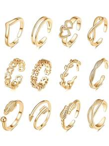 12/24 piezas Anillos para los dedos de los pies ajustables con diseño de corazón y flor en dorado/plateado, joyería para los pies adecuada para la playa y vacaciones - Anillo de pie - Ver 1