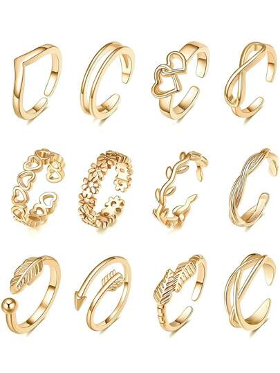 12/24pcs Adjustable Gold/Silver Heart & Flower Toe Rings, Foot Jewelry Toe Rings Suitable For Beach Vacation