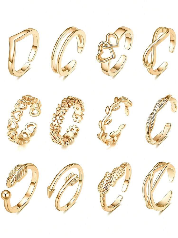 12/24pcs Adjustable Gold/Silver Heart & Flower Toe Rings, Foot Jewelry Toe Rings Suitable For Beach Vacation - Foot Ring - View 1