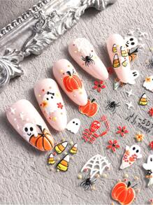 3/2pcs 5D Halloween Nail Stickers, Cute And Funny Ghost Pumpkin Pattern Self-Adhesive Nail Stickers, Halloween Theme Element Nail Art DIY, Nail Salon Nail Design Supplies