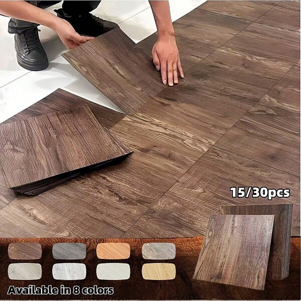 15/30pcs 3D Vintage Wood Grain Texture Self-Adhesive Floor Stickers - Suitable For Kitchen, Bathroom, Living Room And Various Indoor Spaces, Waterproof, Stain-Resistant, Matte Finish Wallpaper - Durable And Easy To Maintain Home Decor, Anti-Slip Bathroom Floor Stickers, Waterproof Wall Stickers Floor Tiles Living Room Decor Room Decor Wall Paper