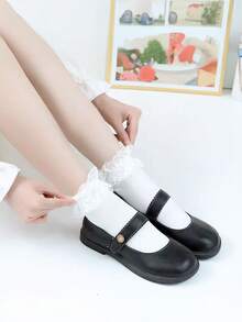 4 双女式黑白蕾丝边中筒袜，休闲学院风居家旅行袜，秋季袜子 - 黑與白 - 查看 4