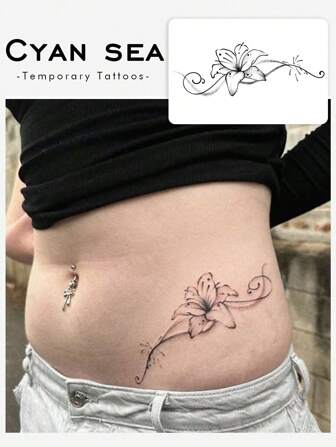 1 st vattentät och svettavvisande tvättbar tillfällig tatuering, personlig exklusiv design, bläckliljablomma blommig magtatuering, modernt mönster lämplig för människor för dagligt bruk