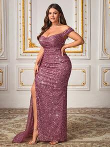 CHOSMO Plus Size New Style Shiny Solid Color Elegant Beaded Split Hem Women's Dress, Suitable For Wedding Photography, Party, Anniversary, Formal Evening Gala, Wedding Guest, Stage Performance, Cocktail Party, Halloween Costumes