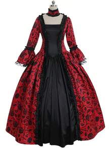 Must-Have Women's Halloween Vintage Witch Costume - Swing Dress With Lace Short Sleeves - Đỏ - Xem 1