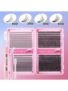 200 Pairs D Curl Fluffy Volume Single Cluster False Eyelashes 10-16mm Wispy Natural DIY Individual Extension Lashes Kit For Women Girls Cruelty-Free Reusable Easy To Apply Mixed Lengths Long Lasting Professional Makeup Set - DIY-jMS-188+Pink Three-piece Set - View 1