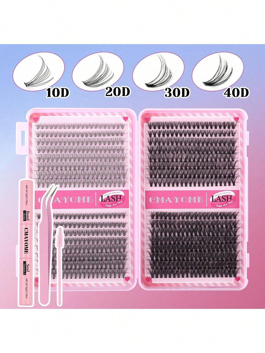 200 Pairs D Curl Fluffy Volume Single Cluster False Eyelashes 10-16mm Wispy Natural DIY Individual Extension Lashes Kit For Women Girls Cruelty-Free Reusable Easy To Apply Mixed Lengths Long Lasting Professional Makeup Set - DIY-jMS-188+Pink Three-piece Set - View 1