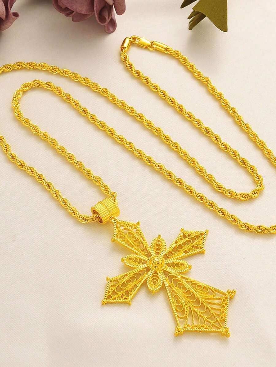 Large Cross Jewelry Gold Pendant Necklace - Yellow Gold - View 1