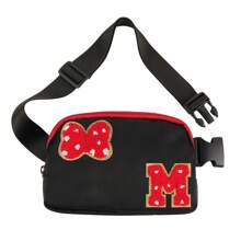 首字母蝴蝶结老鼠腰包，可爱雪尼尔腰包卡通旅行腰包防水斜挎包，适合青少年女孩女儿女士的个性化圣诞生日礼物，非常适合日常和派对 - 黑色 - 查看 14