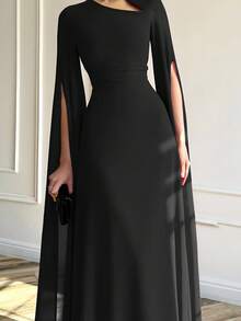 1 szt. Elegancka czarna długa suknia wieczorowa, rękawy szalowe, krawat z odkrytymi plecami, idealna na śluby kościelne, wesela w ogrodzie, gale, a także znakomity wybór dla kobiet gości weselnych. - Czarne - Zobacz 3