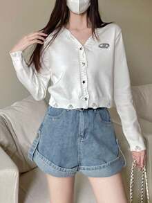 Distressed V-Neck Long Sleeve Cropped Cardigan For Women, Slim-Fit, Flattering, High-End Look - White - View 5